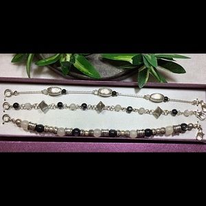 3 piece Boho Bracelet Set w/Silver & Mother of Pearl Black & Ivory Beads 7 1/2”